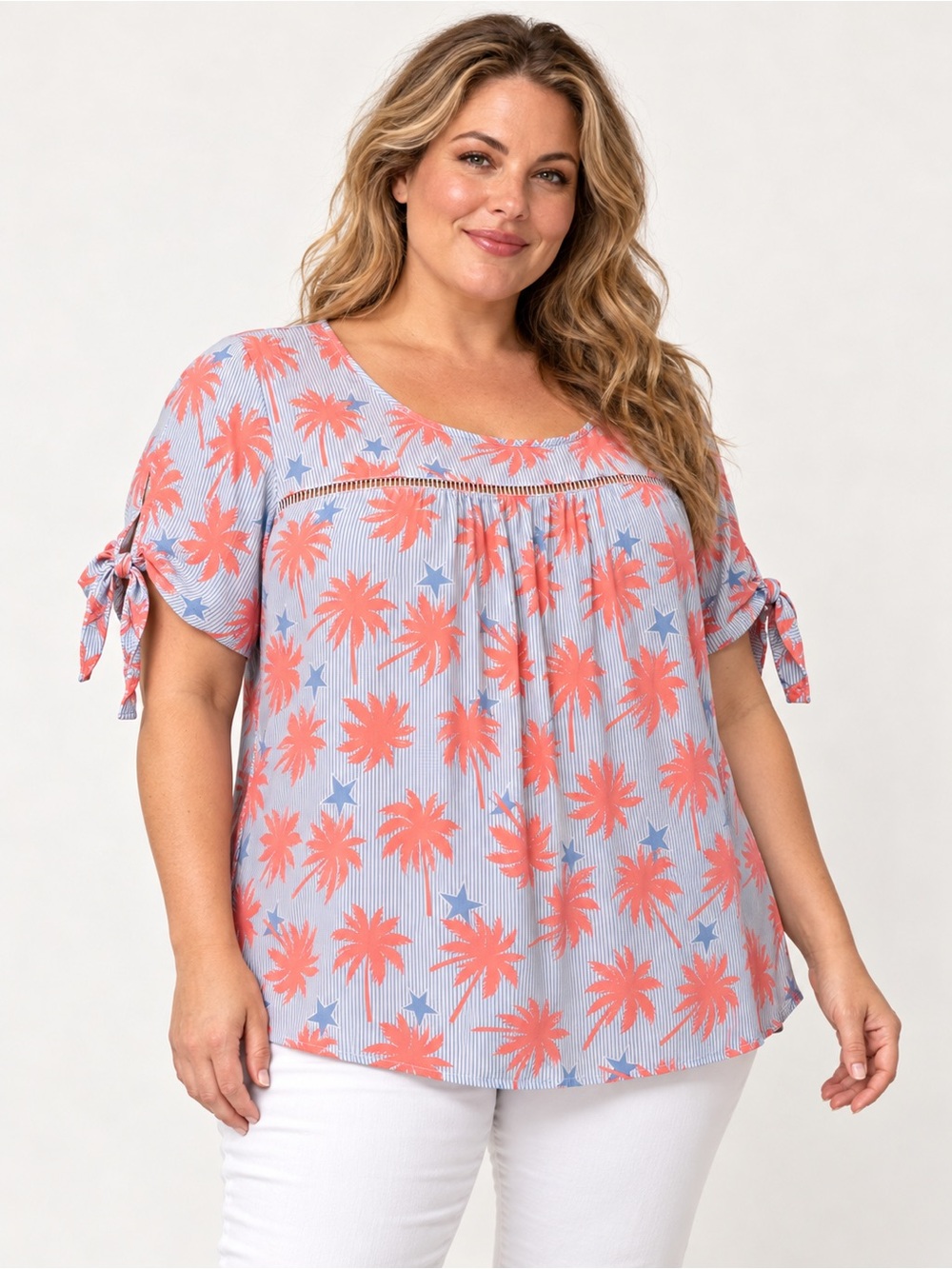 Crown & Ivy XL Coral Palm Tree Star Striped Tie Sleeve Blouse